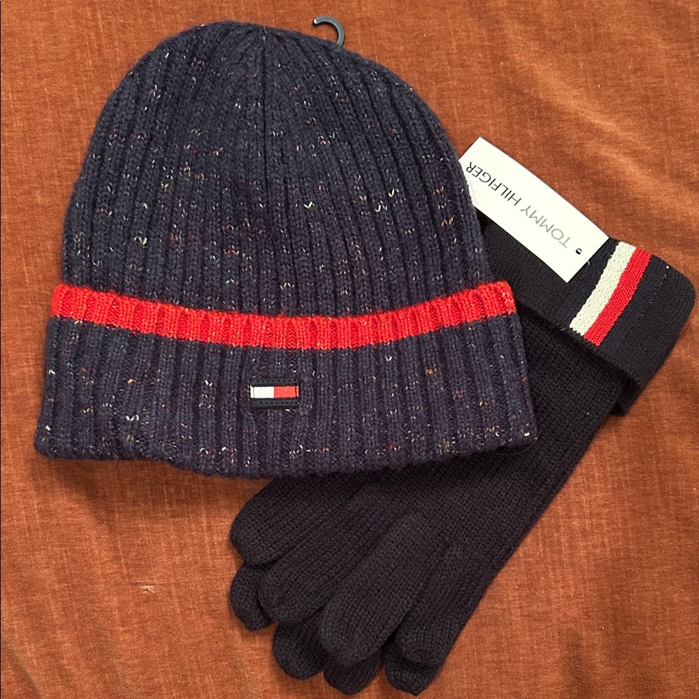 Tommy Hilfiger Navy and Red Knit Hat and Gloves